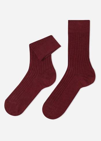 Férfi Calzedonia Bordázott Cashmere Rövid Crew Zokni Bordó | HU2848RW
