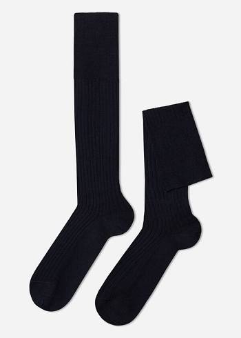Férfi Calzedonia Lisle Thread Bordázott Long Zokni Kék | HU2752WY