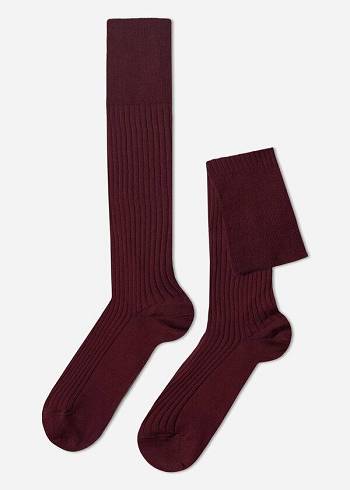 Férfi Calzedonia Lisle Thread Bordázott Long Zokni Bordó | HU2753QZ