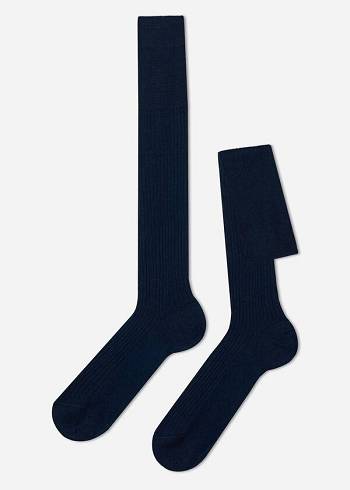 Férfi Calzedonia Lisle Thread Bordázott Long Zokni Sötétkék | HU2754MA