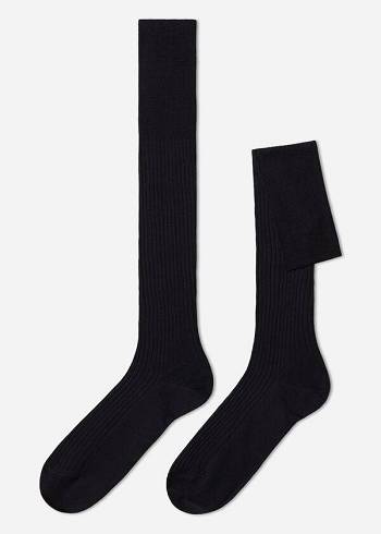 Férfi Calzedonia Lisle Thread Bordázott Long Zokni Sötétkék Szürke | HU2755NB