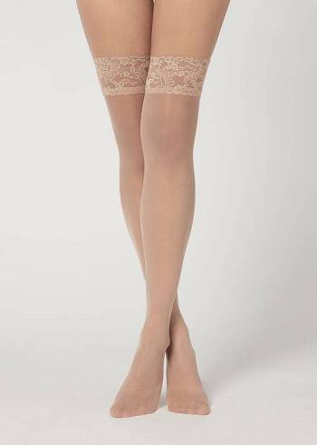 Női Calzedonia 20 Denier Sheer Thigh-Highs Harisnya Bézs | HU1251YU