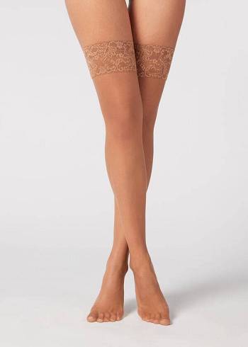 Női Calzedonia 8 Denier Ultra Sheer Thigh-Highs Harisnya Bézs Barna | HU1254OR