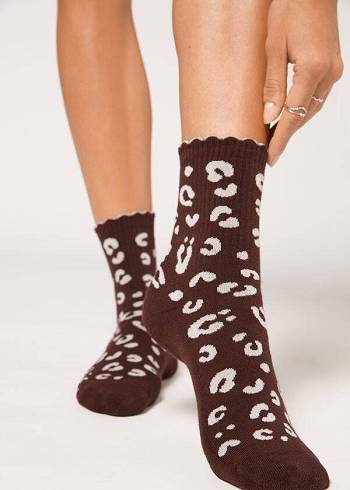 Női Calzedonia Animal Print Bordázott Rövid Zokni Barna | HU2333LH