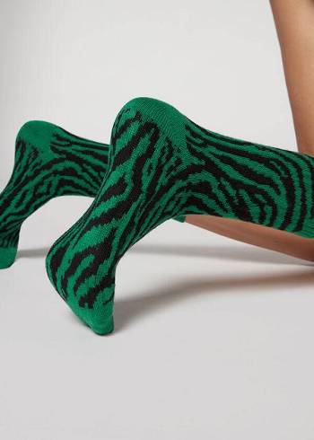 Női Calzedonia Animal Print Cashmere Rövid Zokni Zöld | HU2332ZG