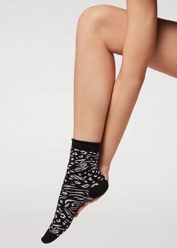 Női Calzedonia Animal Print Rövid Zokni Fekete | HU2335JJ