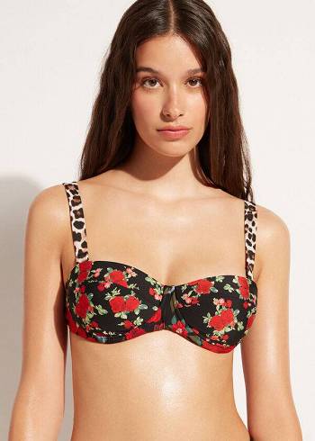 Női Calzedonia Bandeau Lightly Párnázott Nizza Bikini Felsők Rózsaszín Fekete | HU1694UT
