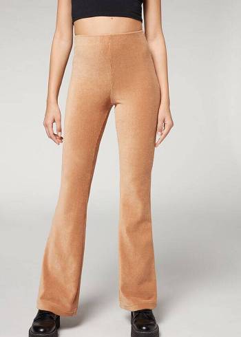 Női Calzedonia Bordázott Flared Velvet Leggings Barna | HU2673PQ