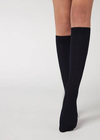 Női Calzedonia Bordázott Long with Cashmere Zokni Kék | HU2253ZG