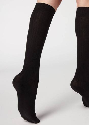 Női Calzedonia Bordázott Long with Cashmere Zokni Fekete | HU2254XF