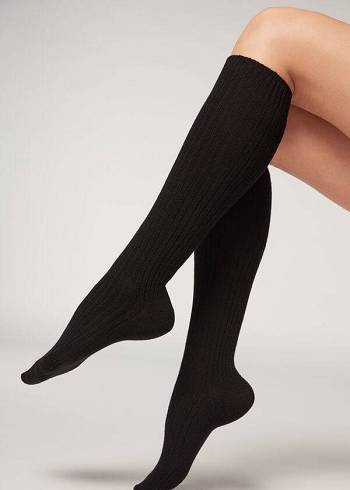 Női Calzedonia Bordázott Long with Gyapjú and Cashmere Zokni Fekete | HU2256VD