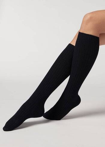 Női Calzedonia Bordázott Long with Gyapjú and Cashmere Zokni Kék | HU2257BC