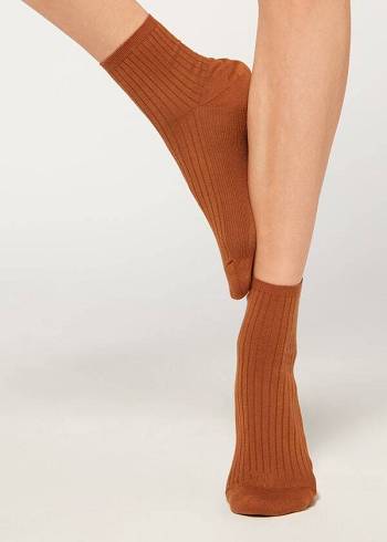 Női Calzedonia Bordázott Rövid Zokni Barna | HU2484BC
