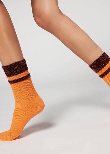 Női Calzedonia Cashmere Rövid with Glitter Trim Zokni Narancssárga | HU2356CE