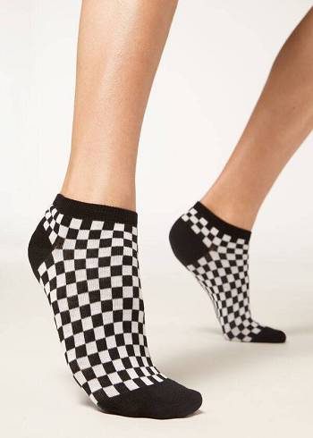 Női Calzedonia Checkered No-Show Zokni Fekete | HU2273FM