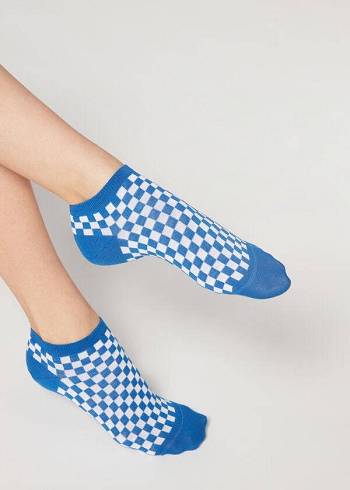Női Calzedonia Checkered No-Show Zokni Kék | HU2268OR