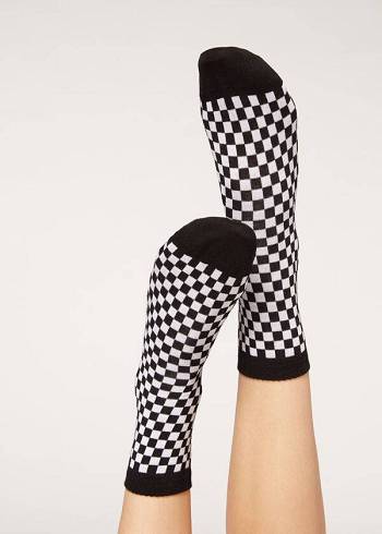 Női Calzedonia Checkered Pattern Rövid Zokni Fekete | HU2363GL