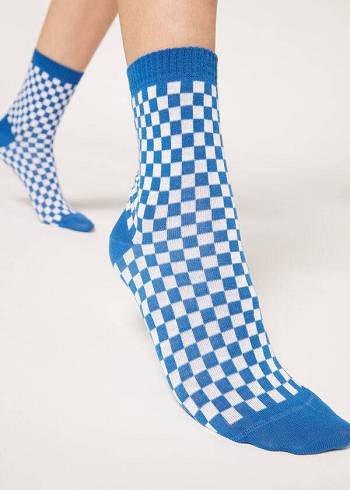 Női Calzedonia Checkered Pattern Rövid Zokni Kék | HU2365DN
