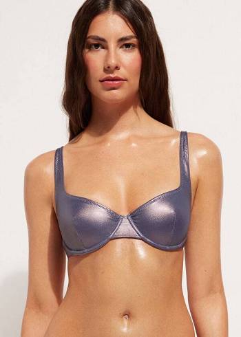 Női Calzedonia Coated-Effect Balconette Daytona Bikini Felsők Kék | HU1700DN