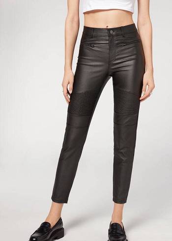Női Calzedonia Coated Sovány Motoros Nadrág Fekete | HU2721UT