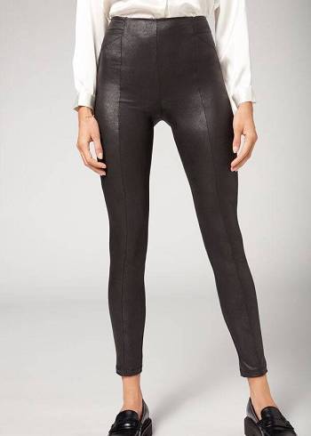 Női Calzedonia Coated Total Shaper Motoros Leggings Fekete | HU2634TV