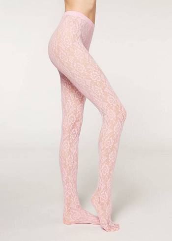 Női Calzedonia Colored Floral Csipke Patterned Harisnyanadrág Rózsaszín | HU1089MA