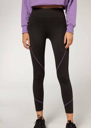 Női Calzedonia Contrast Seam Performance Sport Leggings Fekete Lila | HU2635RW