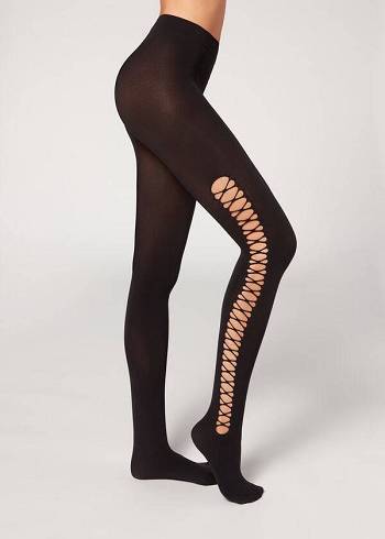 Női Calzedonia Crisscross Cut-Out Opaque 90 Denier Patterned Harisnyanadrág Fekete | HU1090QZ