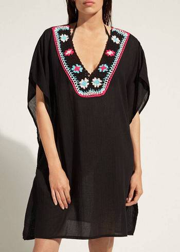 Női Calzedonia Crochet Neckline Kaftan Cover Ups Fekete | HU2074VD