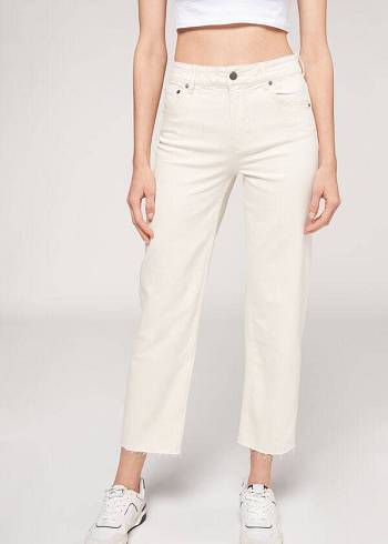 Női Calzedonia Cropped Egyenes-Leg Farmer Nadrág Fehér | HU2565XF