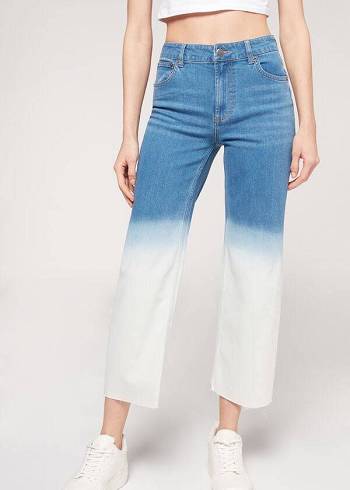 Női Calzedonia Cropped Egyenes-Leg Nadrág Kék Fehér | HU2726WY