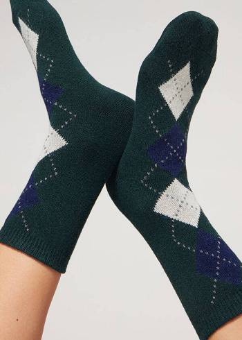 Női Calzedonia Diamond-Pattern Cashmere Rövid Zokni Olivazöld | HU2406BC