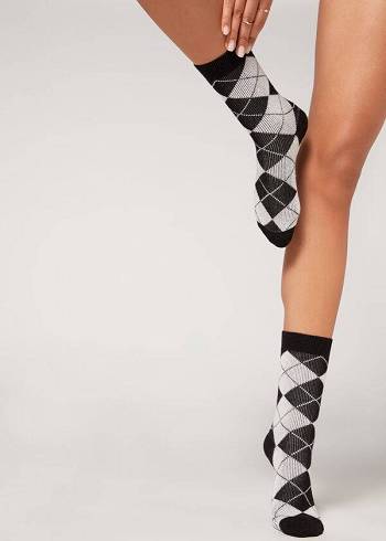 Női Calzedonia Diamond-Pattern Cashmere Rövid Zokni Fekete Fehér | HU2407VD