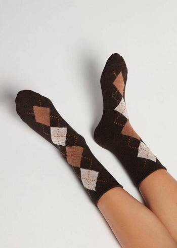 Női Calzedonia Diamond-Pattern Cashmere Rövid Zokni Kávé | HU2408CE