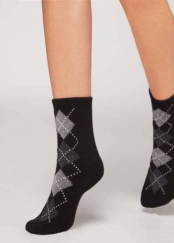 Női Calzedonia Diamond-Pattern Cashmere Rövid Zokni Fekete Szürke | HU2411LH