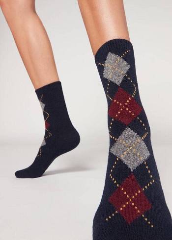 Női Calzedonia Diamond-Pattern Cashmere Rövid Zokni Kék Piros | HU2412KI