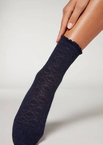 Női Calzedonia Diamond-Pattern Cashmere Rövid Zokni Sötétkék | HU2414HK