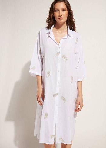 Női Calzedonia Embroidered Paisley Lamé Midi Shirt Cover Ups Fehér | HU2079WY