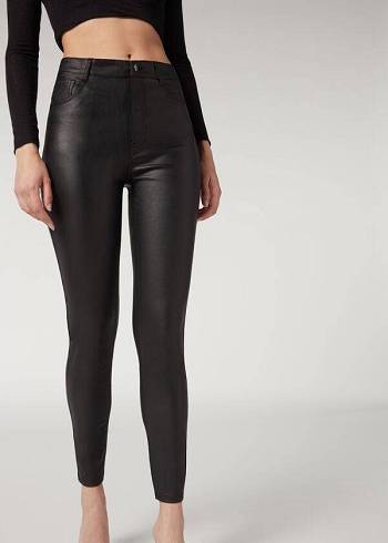 Női Calzedonia Faux Bőr Sovány Nadrág Fekete | HU2729NB