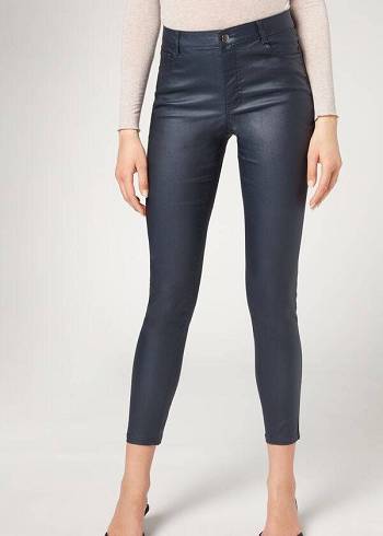 Női Calzedonia Faux Bőr Sovány Nadrág Sötétkék | HU2728MA