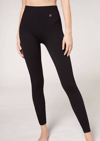 Női Calzedonia Fine Bordázott Seamless Sport Leggings Fekete | HU2645SO
