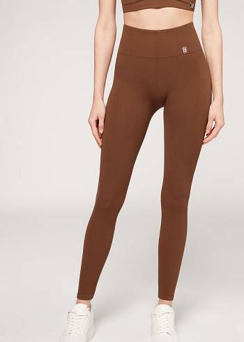 Női Calzedonia Fine Bordázott Seamless Sport Leggings Barna | HU2649IS