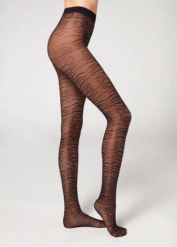 Női Calzedonia Flocked Tiger Text 50 Denier Patterned Harisnyanadrág Fekete | HU1097IS