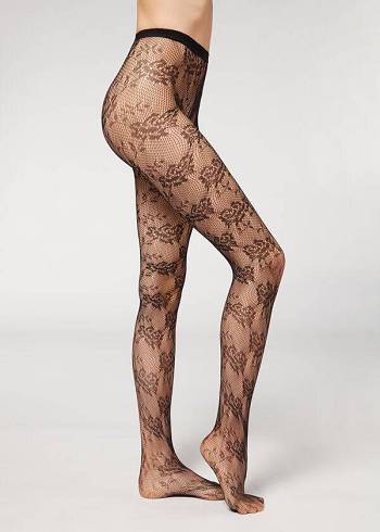 Női Calzedonia Floral Csipke-Motif Fishnet Patterned Harisnyanadrág Fekete | HU1099PQ