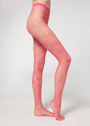 Női Calzedonia Floral Csipke-Motif Fishnet Patterned Harisnyanadrág Rózsaszín | HU1100AP