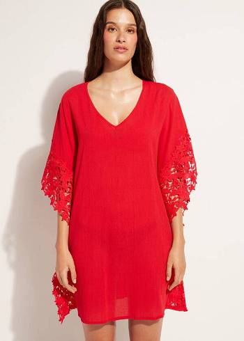 Női Calzedonia Floral Macramé Csipke Caftan Cover Ups Piros | HU2080EX