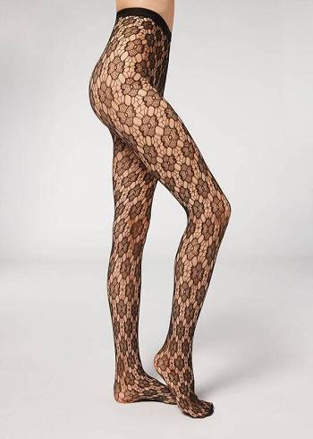 Női Calzedonia Floral-Motif Fishnet Patterned Harisnyanadrág Fekete | HU1101SO