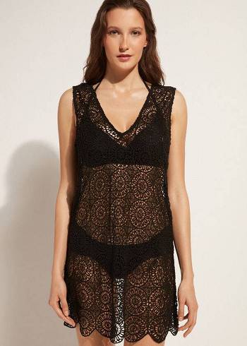 Női Calzedonia Geometric Crochet Ruha Cover Ups Fekete | HU2082TV