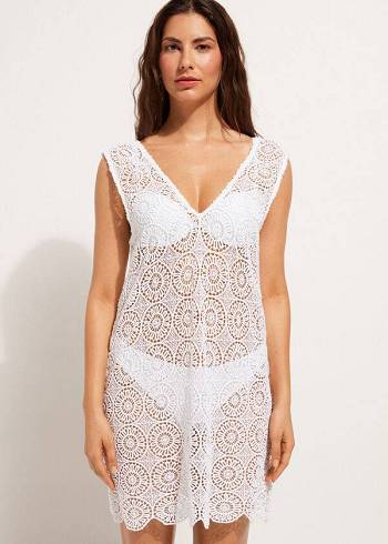 Női Calzedonia Geometric Crochet Ruha Cover Ups Fehér | HU2083YU
