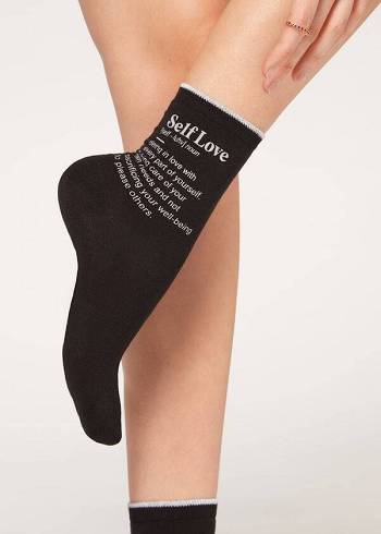 Női Calzedonia Girl Power Print Rövid Zokni Fekete | HU2434CE